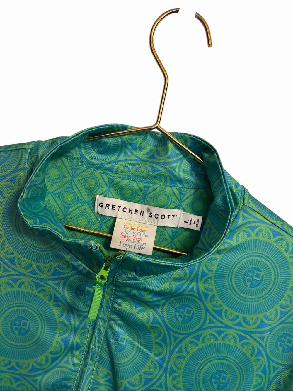 Gretchen Scott Green Turquoise Medallion Quarter Zip Active Pullover Top Large - Picture 3 of 7